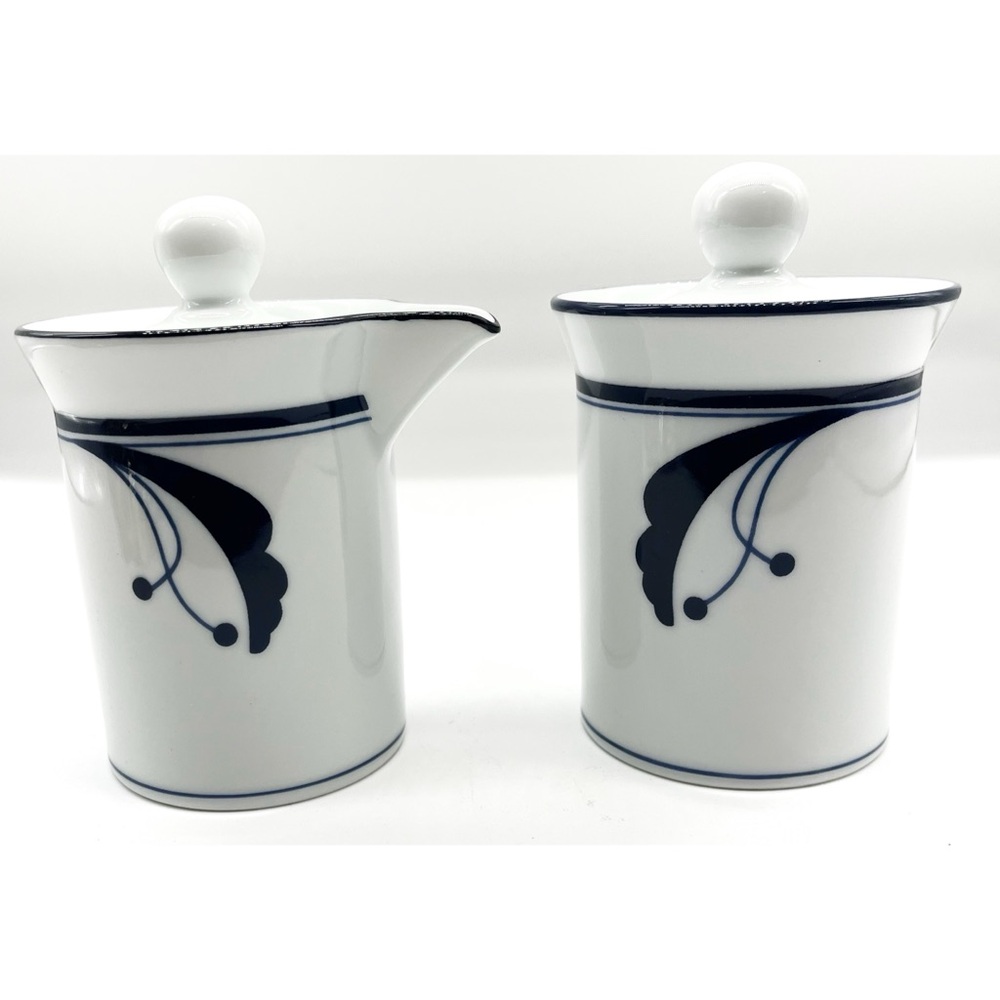 DANSK FLORA BAYBERRY BLUE CREAMER & SUGAR BOWL - EACH WITH A LID - JAPAN